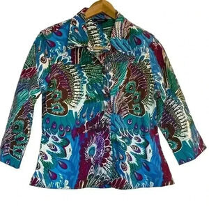 Kaktus Women’s Colorful Wearable Art Jacket Size Large Peacock Abstract Art